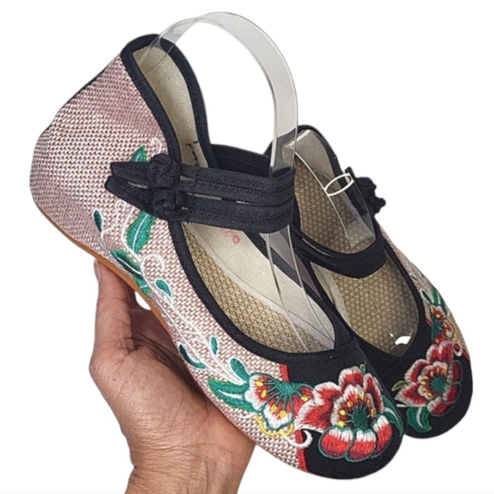 New embroidered flats with ankle straps black